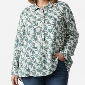 Cynthia Rowley Linen Blouse Womens 3X Green Floral Long Sleeve